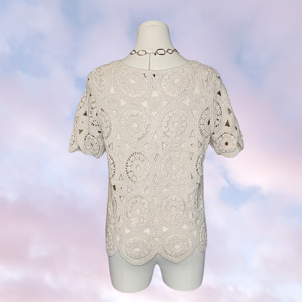 Vtg 90s Y2k Design History Crochet Knit Boho Hippie Cotton Simple Cream Top Sz M - Picture 3 of 5